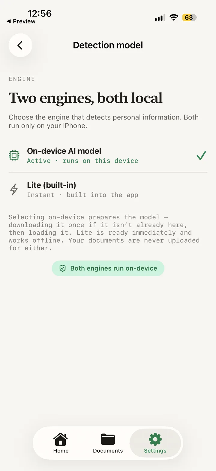 Detection model screen offering an on-device AI model or a built-in Lite engine, noting both run only on the iPhone.