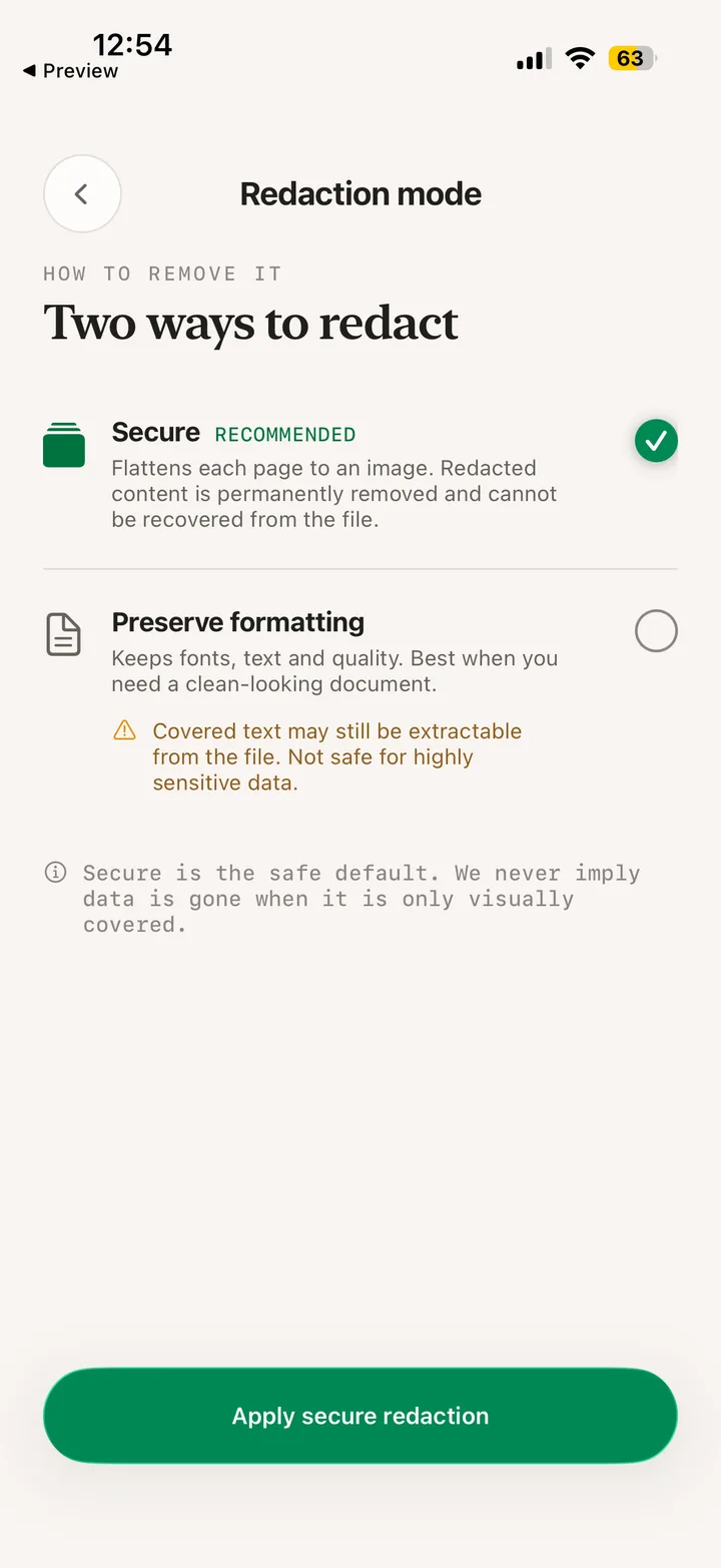 Redaction mode screen offering Secure, which flattens each page to an image, and Preserve formatting, with a warning that covered text may still be extractable.