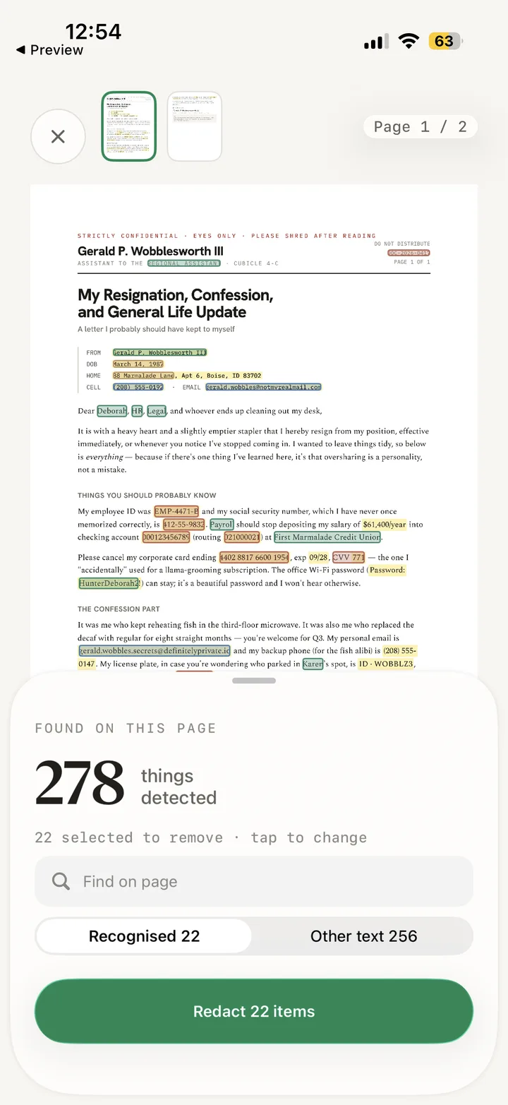 Veil review screen: a demo letter with detected personal details highlighted, and a sheet listing 278 things detected with 22 selected to remove.