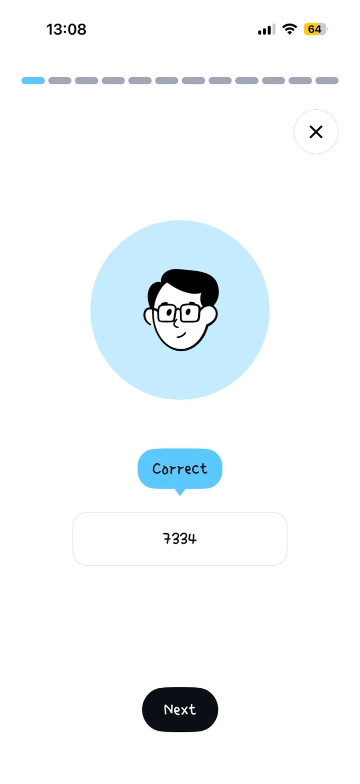 ZumNum marking an answer correct: a cartoon avatar above a "Correct" speech bubble and the number 7334.