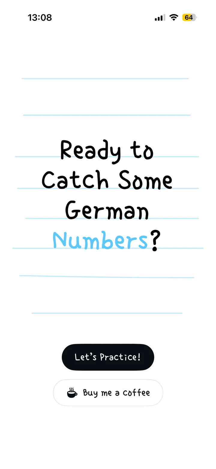 ZumNum start screen on ruled-paper lines, headed "Ready to Catch Some German Numbers?" with a Let’s Practice button.